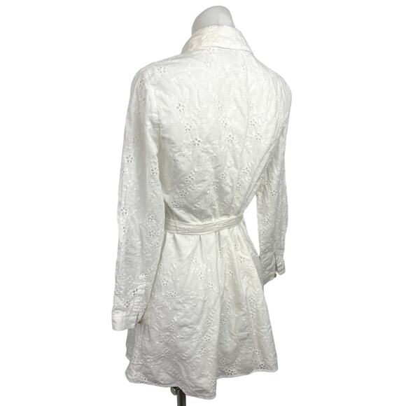 Zara White Collar Floral Eyelet Lace Long Sleeve Belt Mini Shirt Dress Size M - Picture 2 of 6